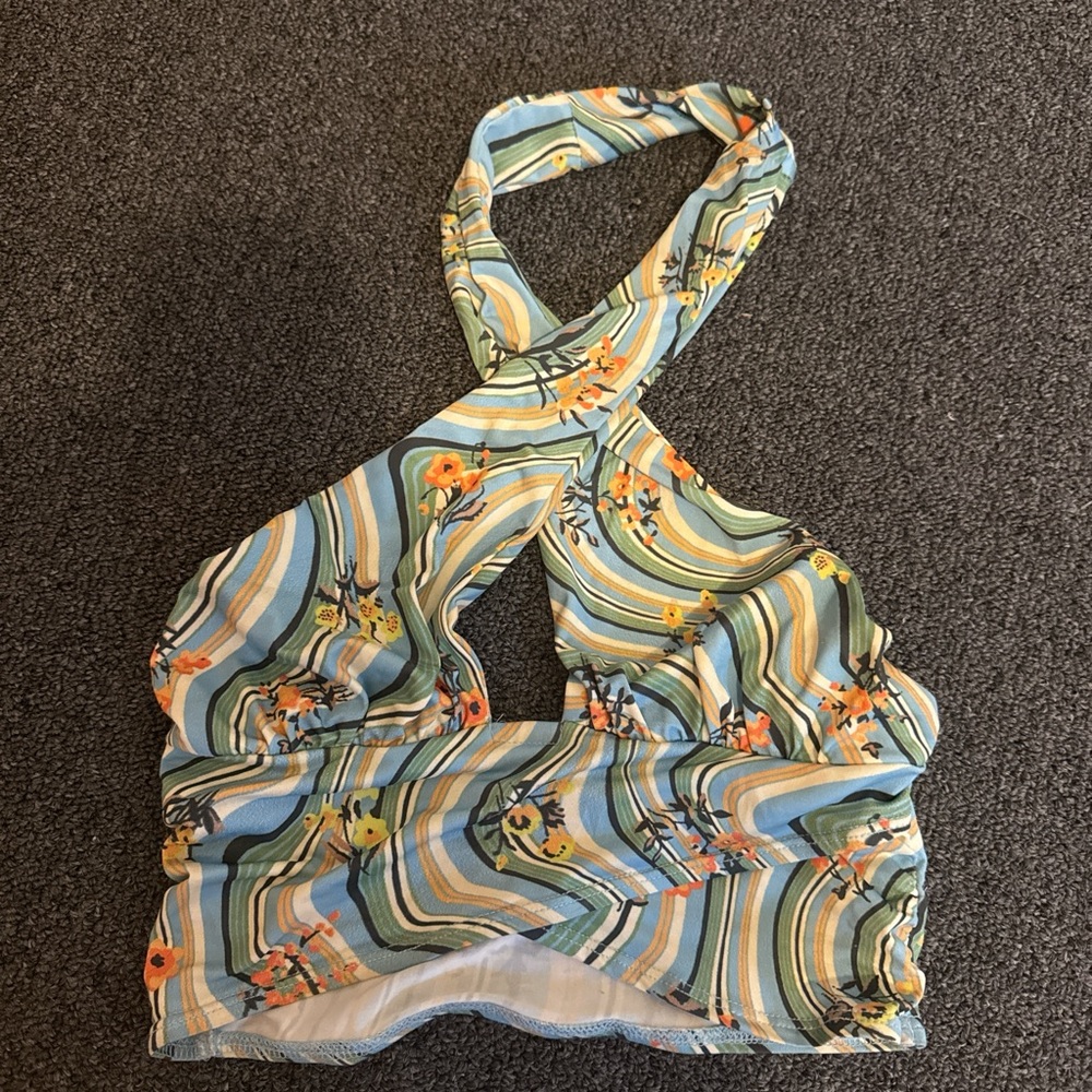 Urban Outfitters Striped Floral Halter Top - Blue and Yellow